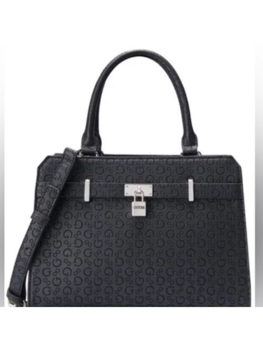 Guess Black Satchel with Adjustable Strap and Monogram Texture